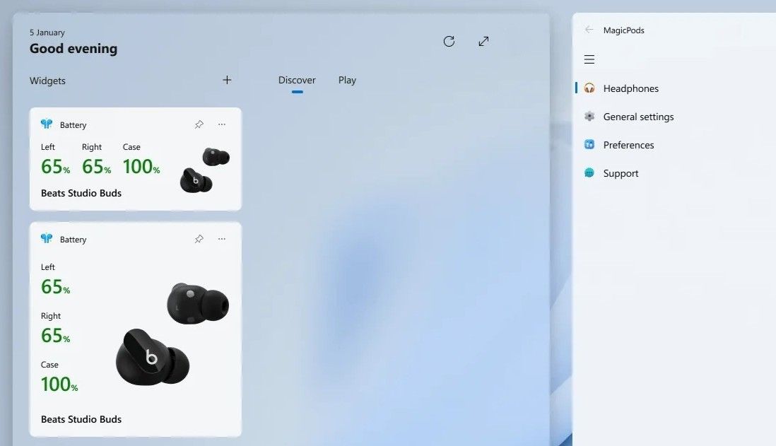 Windows 11 Widgets panel showing bluetooth headset battery level