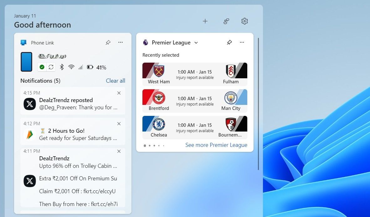 Windows 11 Widgets panel showing Phone Link-1 app