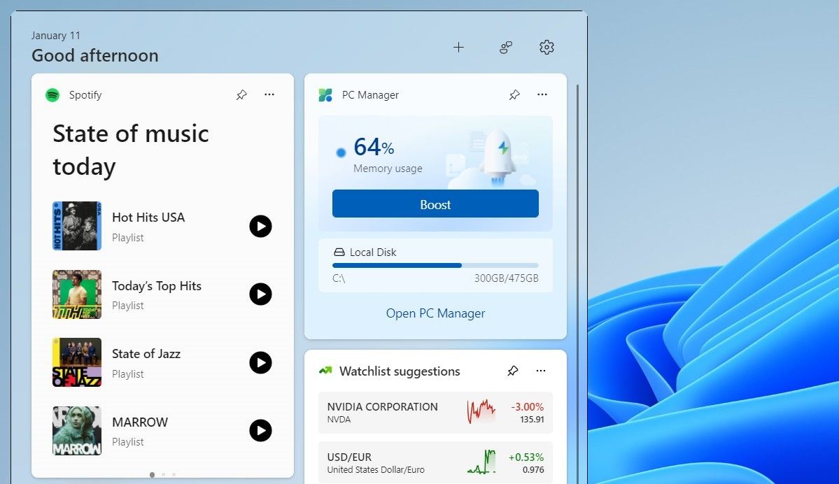 Windows 11 Widgets panel showing Spotify