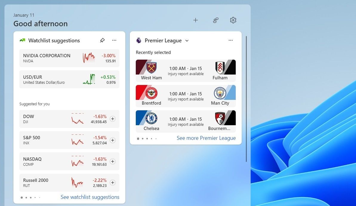 Windows 11 Widgets panel showing the watch list widget