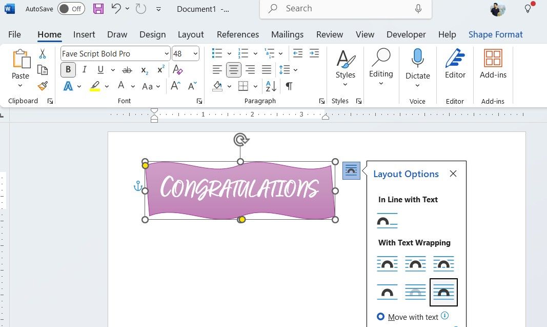 Word document showing Congratulations text with layout options