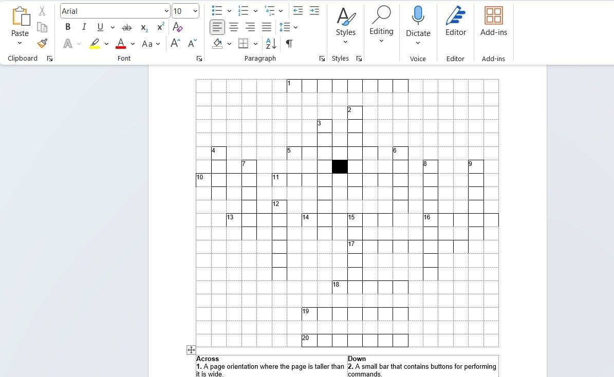 Word document showing crossword puzzle