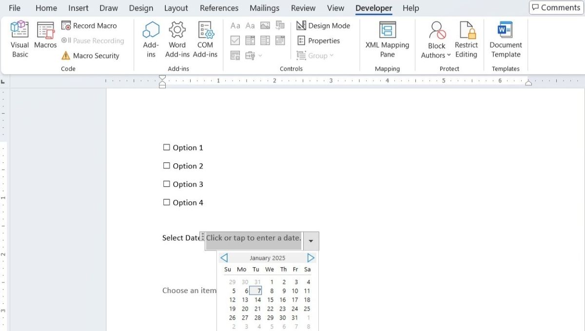 Word document with Developer tab selected and date picker