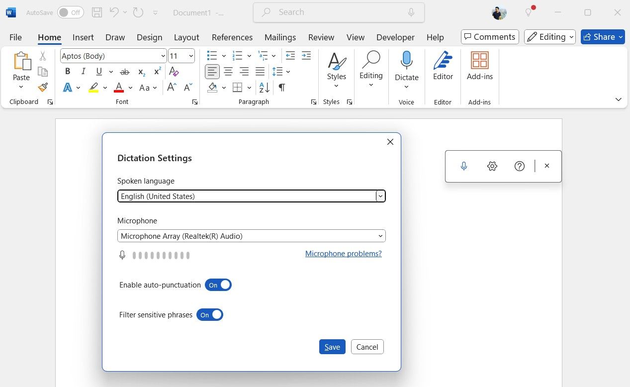 Word document with dictation tool settings