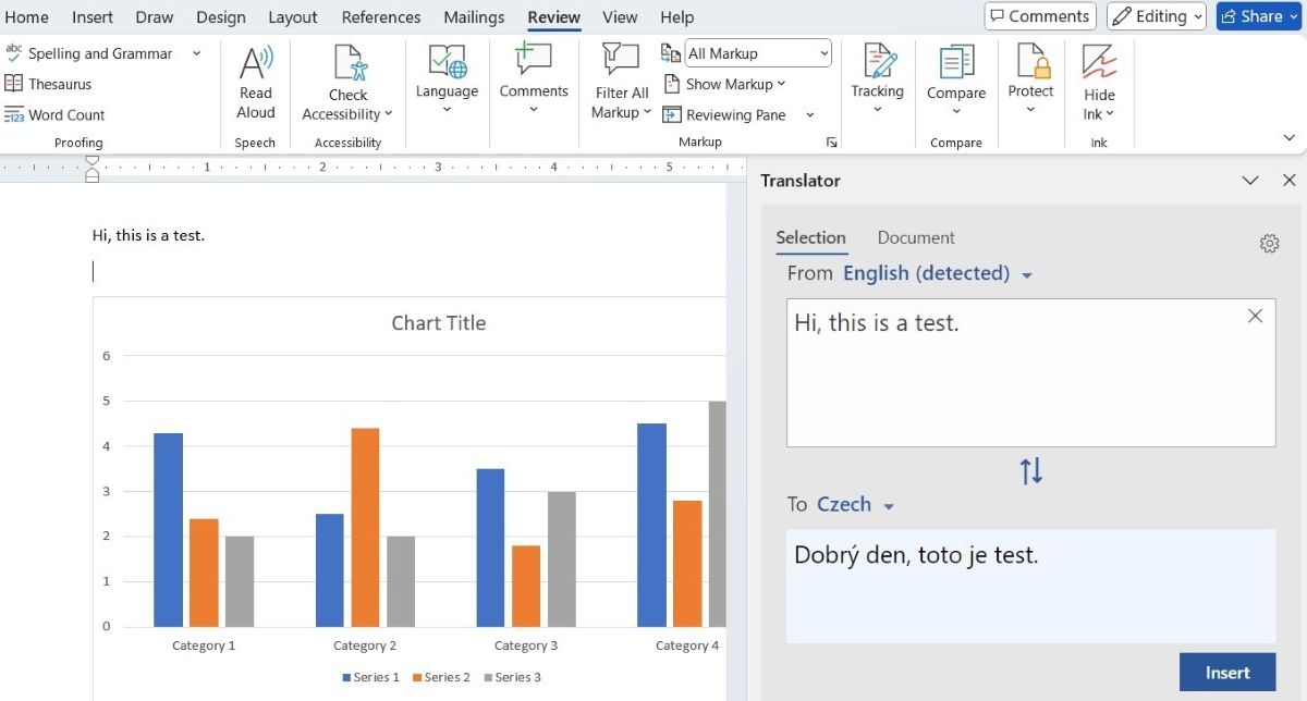 Word document with translation panel on the right