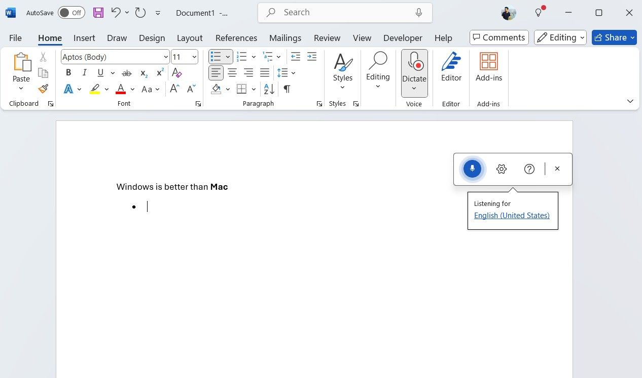 Word document with voice typing tool running