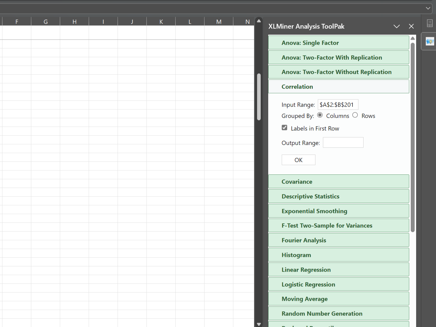 XLMiner Analysis ToolPak sidebar in Excel