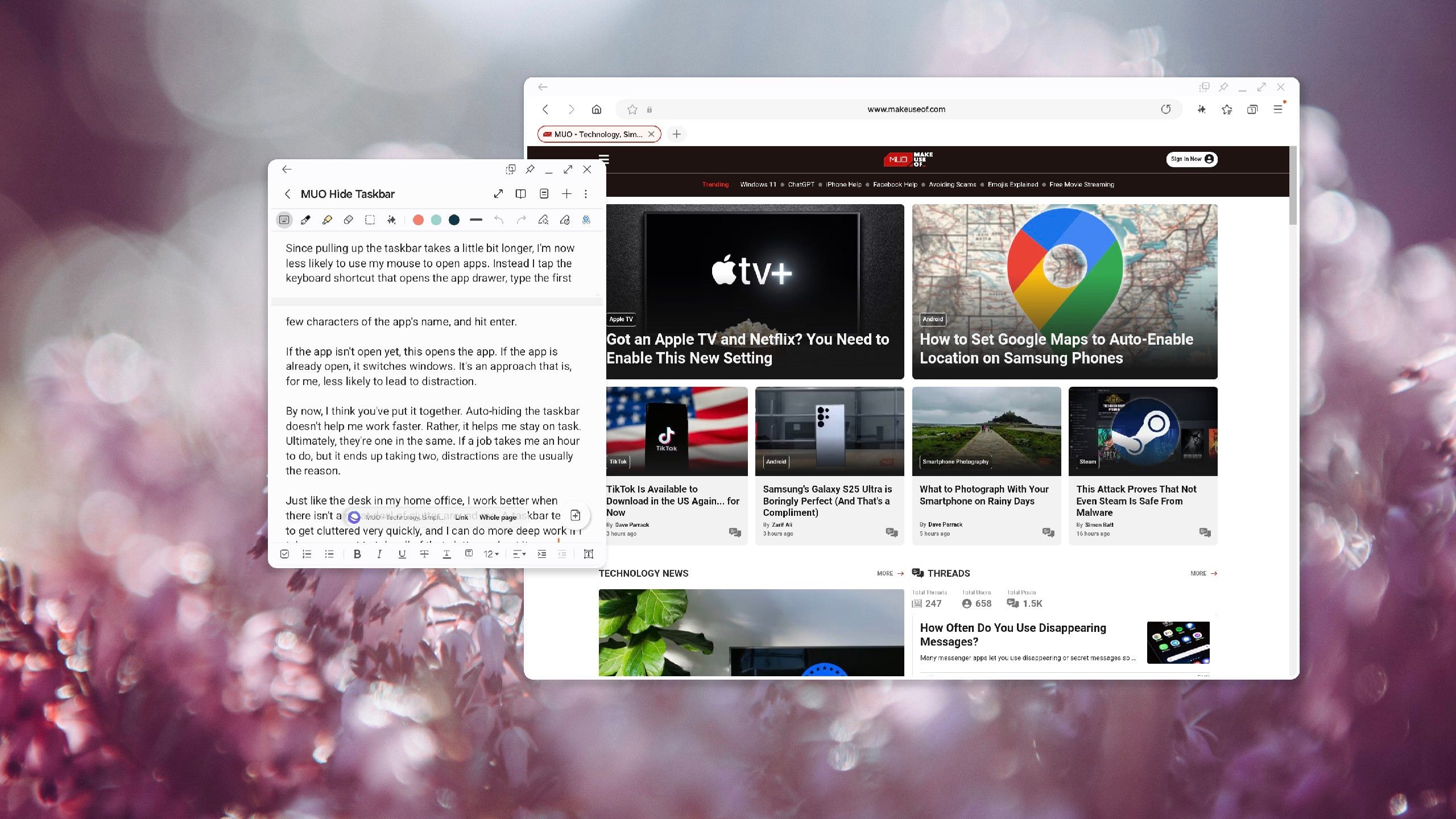 Samsung Notes and Samsung Internet open in Samsung DeX.