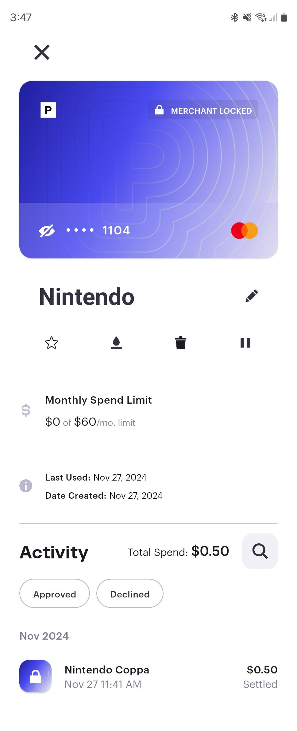 A temporary card for Nintendo generated with the Privacy app on Android.