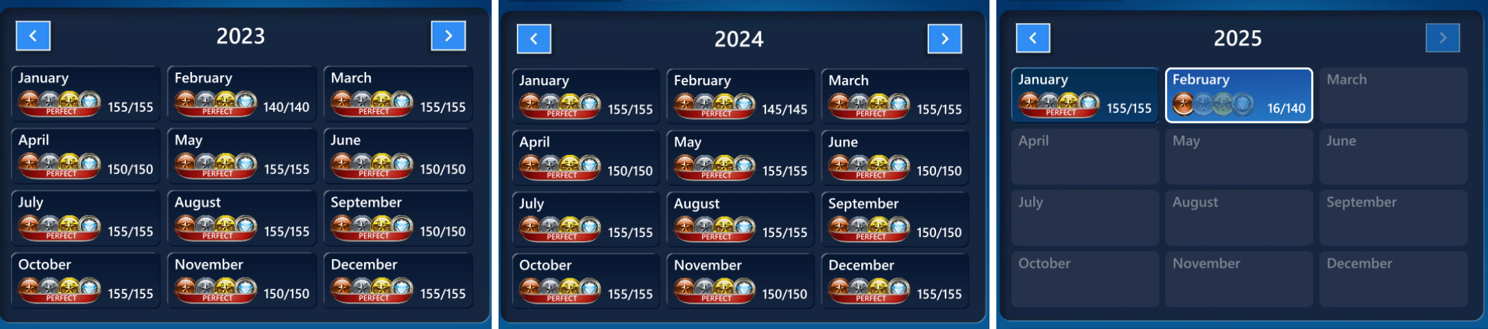 A grid showing the daily challenges calendar from 2023-2025 in Microsoft Solitaire on PC
