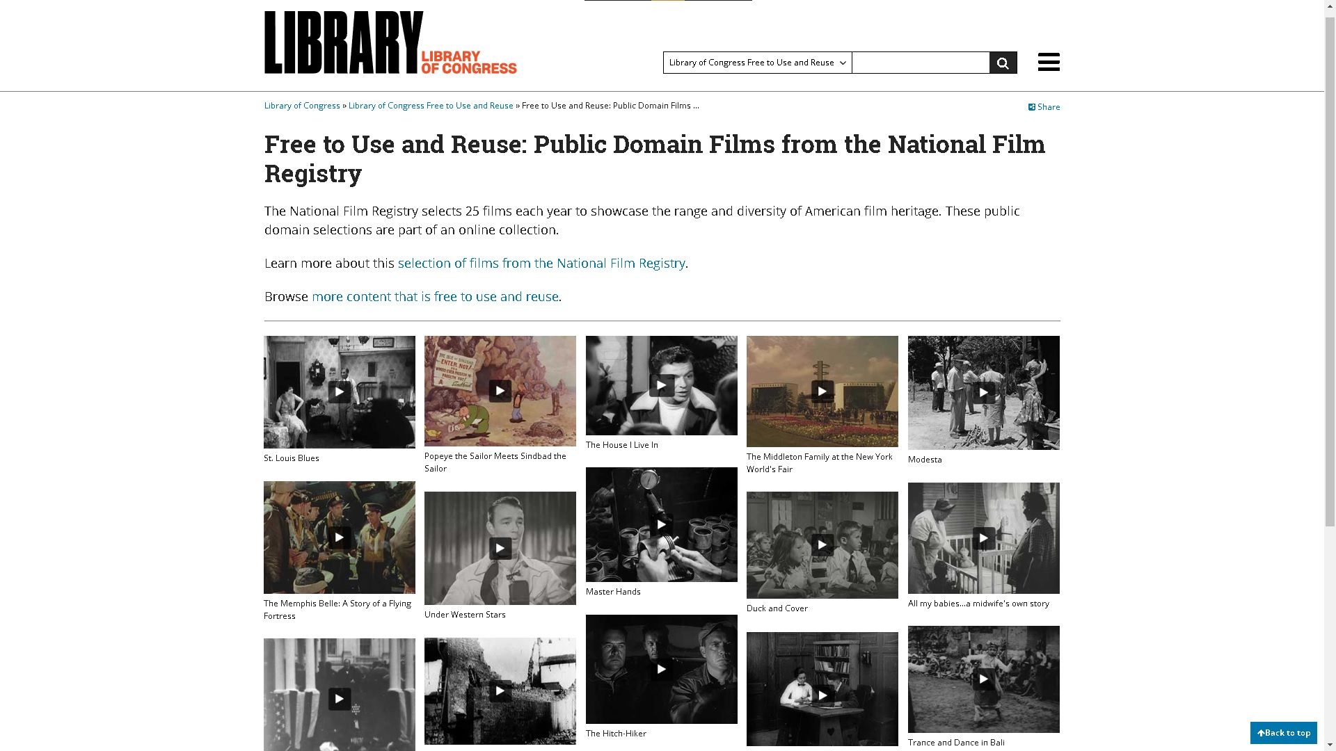 A list of public domain movies in the Library of Congress website.