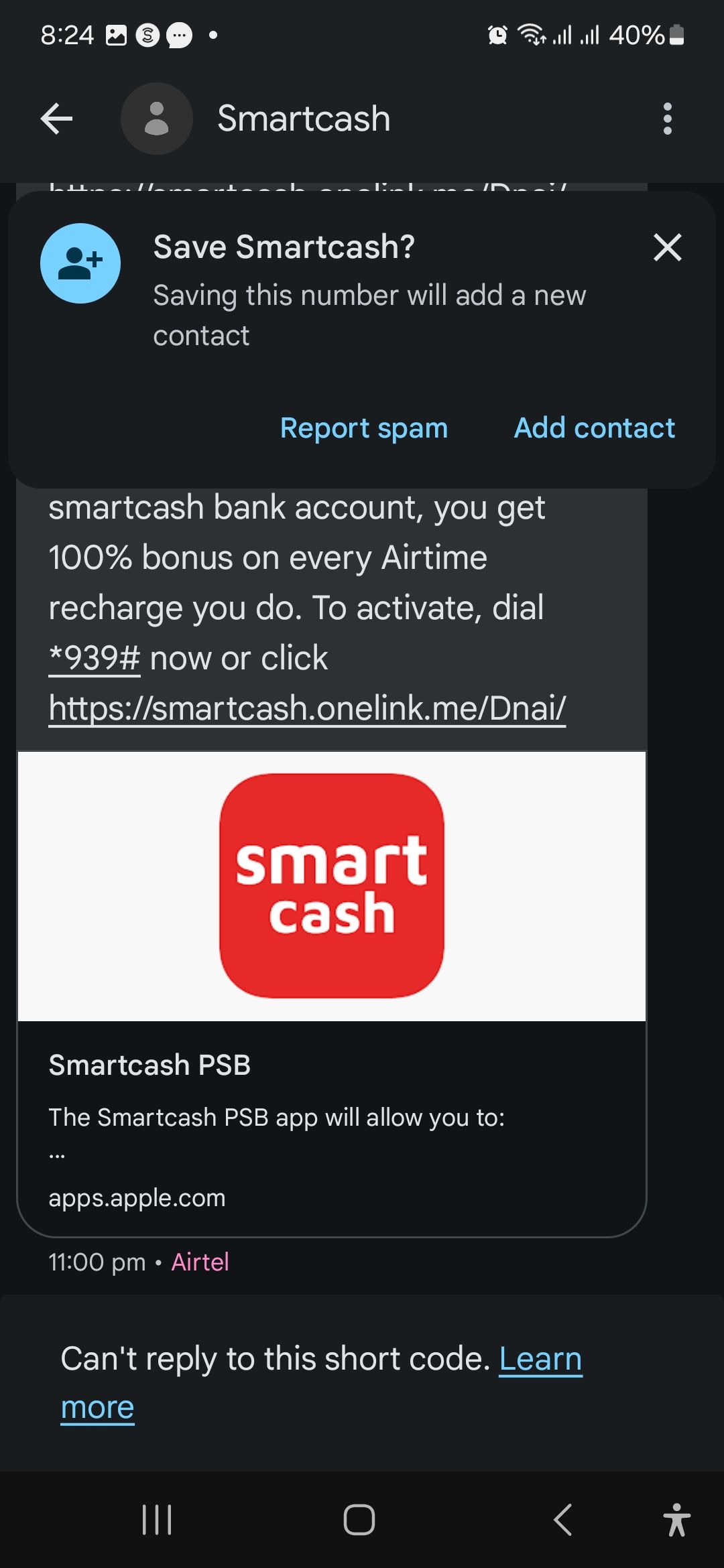 A message from Smartcash on an Android phone with a preview of the link-1