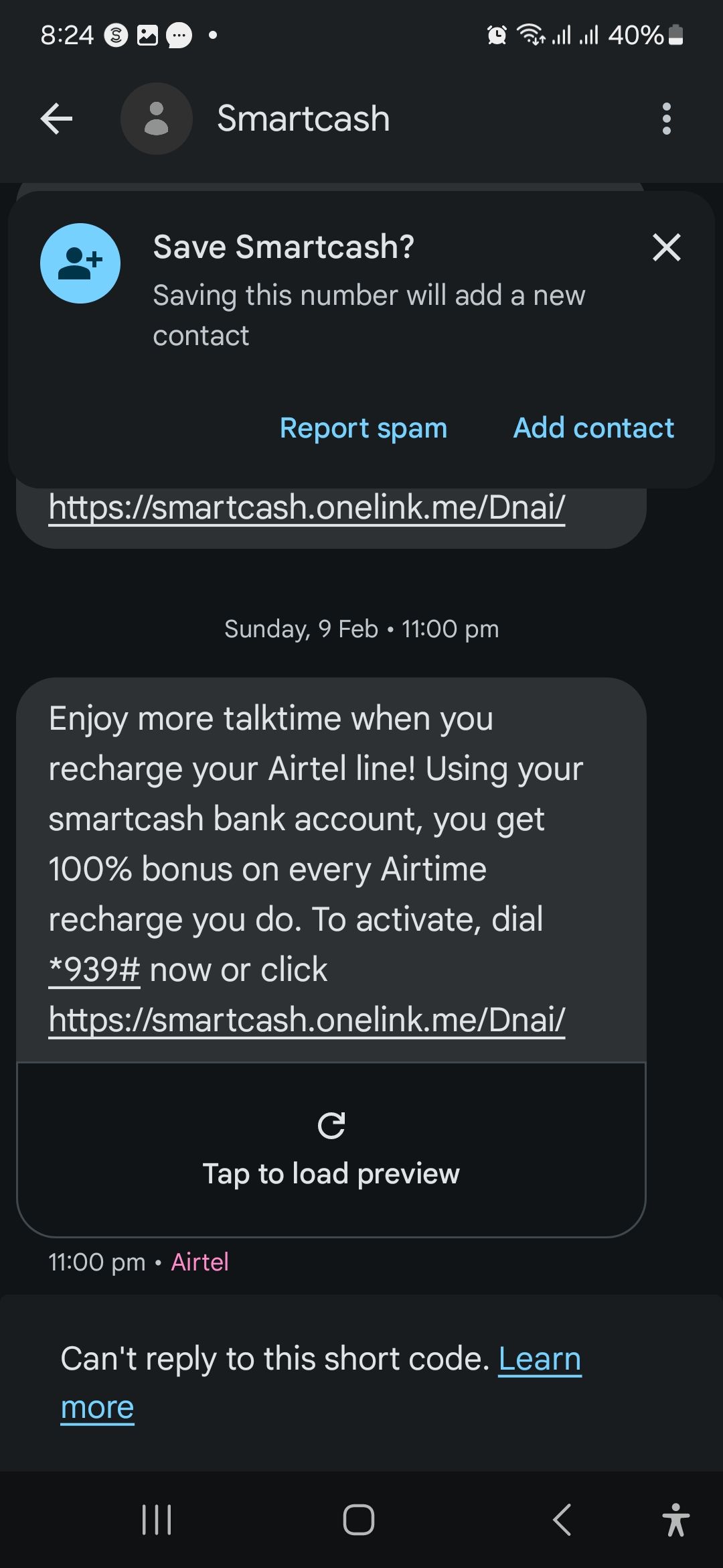 A message from Smartcash on an Android phone with an option to load a preview of the link-1
