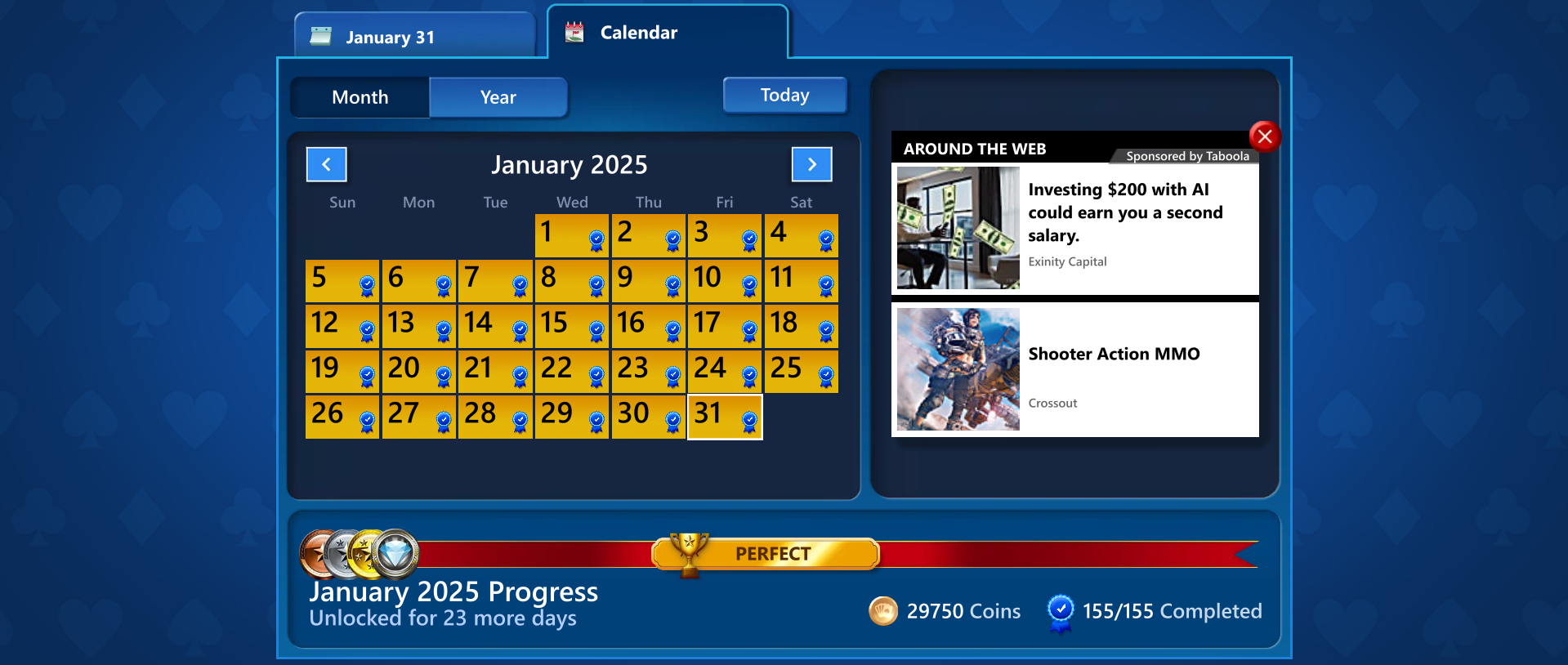 A screenshot showing the daily challenge calendar for January 2025 as well as a prompt showing it's availability for 23 more days