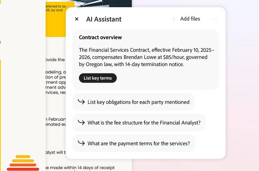 Adobe Acrobat AI listing key terms of a contract