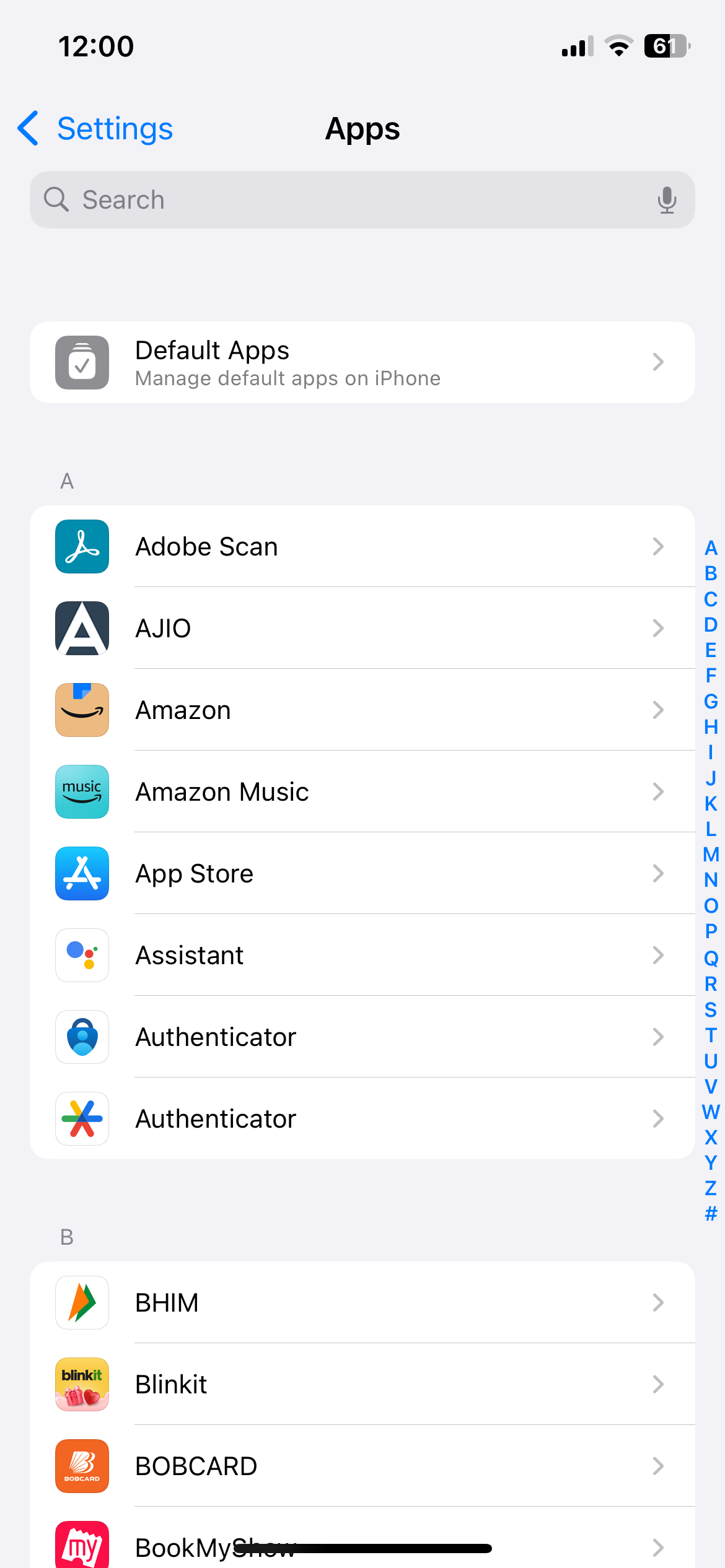 Apps menu on iPhone