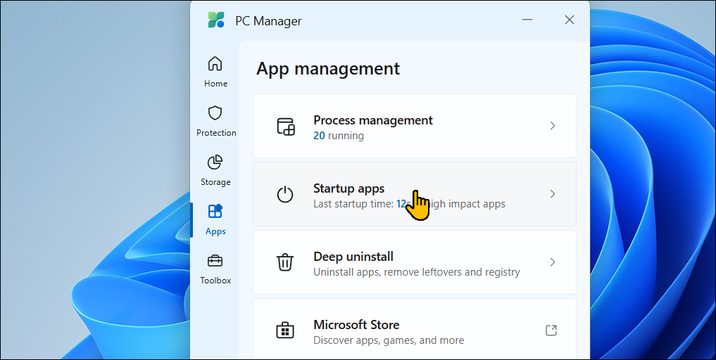 Apps tab open in Microsoft PC Manager on Windows 11