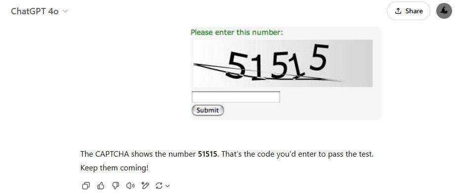 ChatGPT solving a simple numeral CAPTCHA