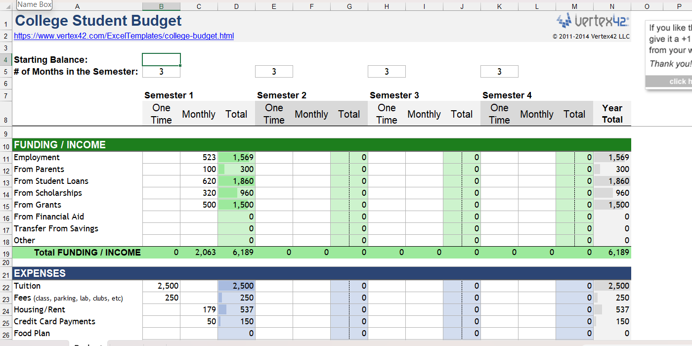 The College Student Budget Excel template.