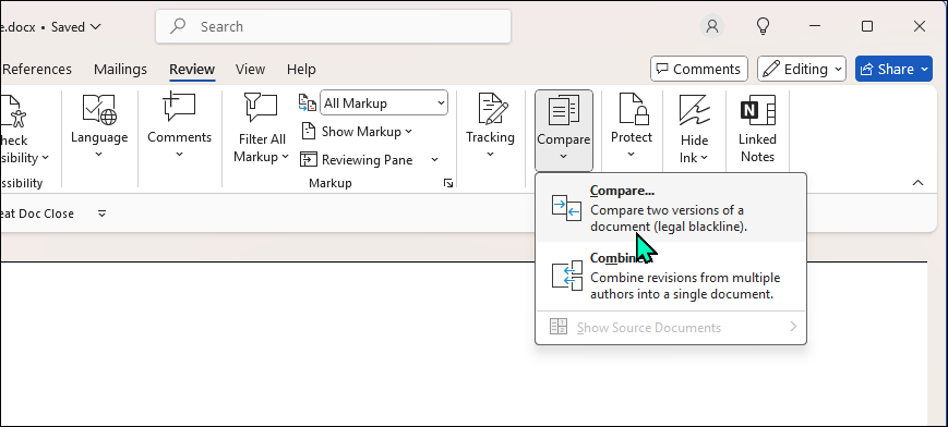 Compare feature highlighted in the Word app in Windows 11