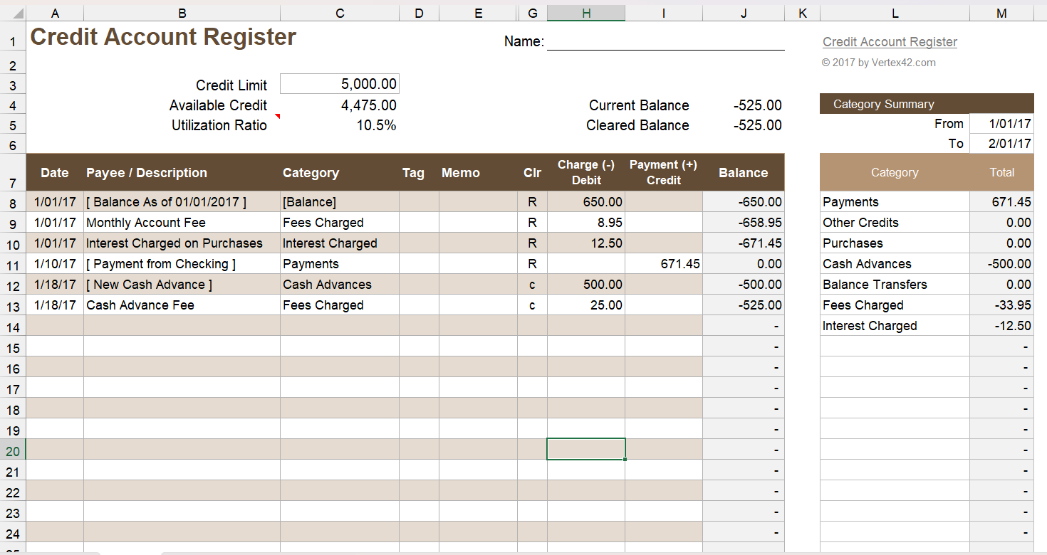 The Credit Account Register Excel template.