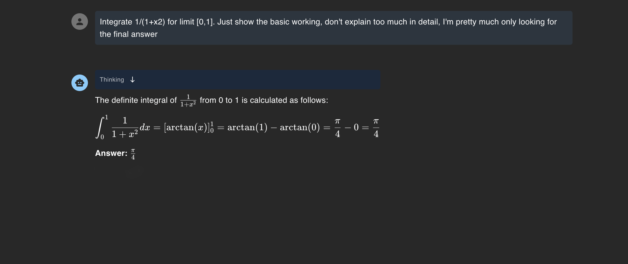 DeekSeek-R1 solving the integral of an equation