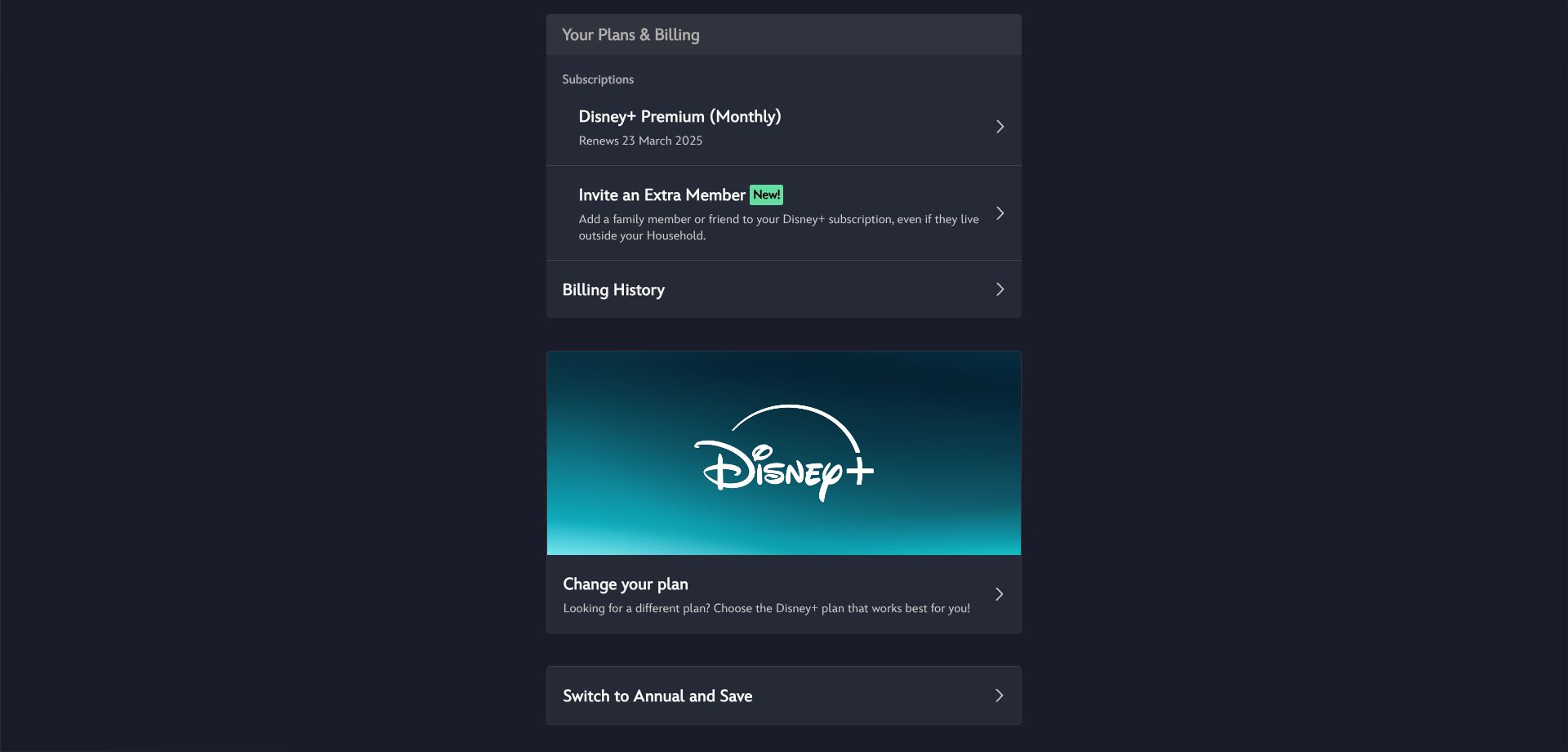 The accounts page on Disney Plus