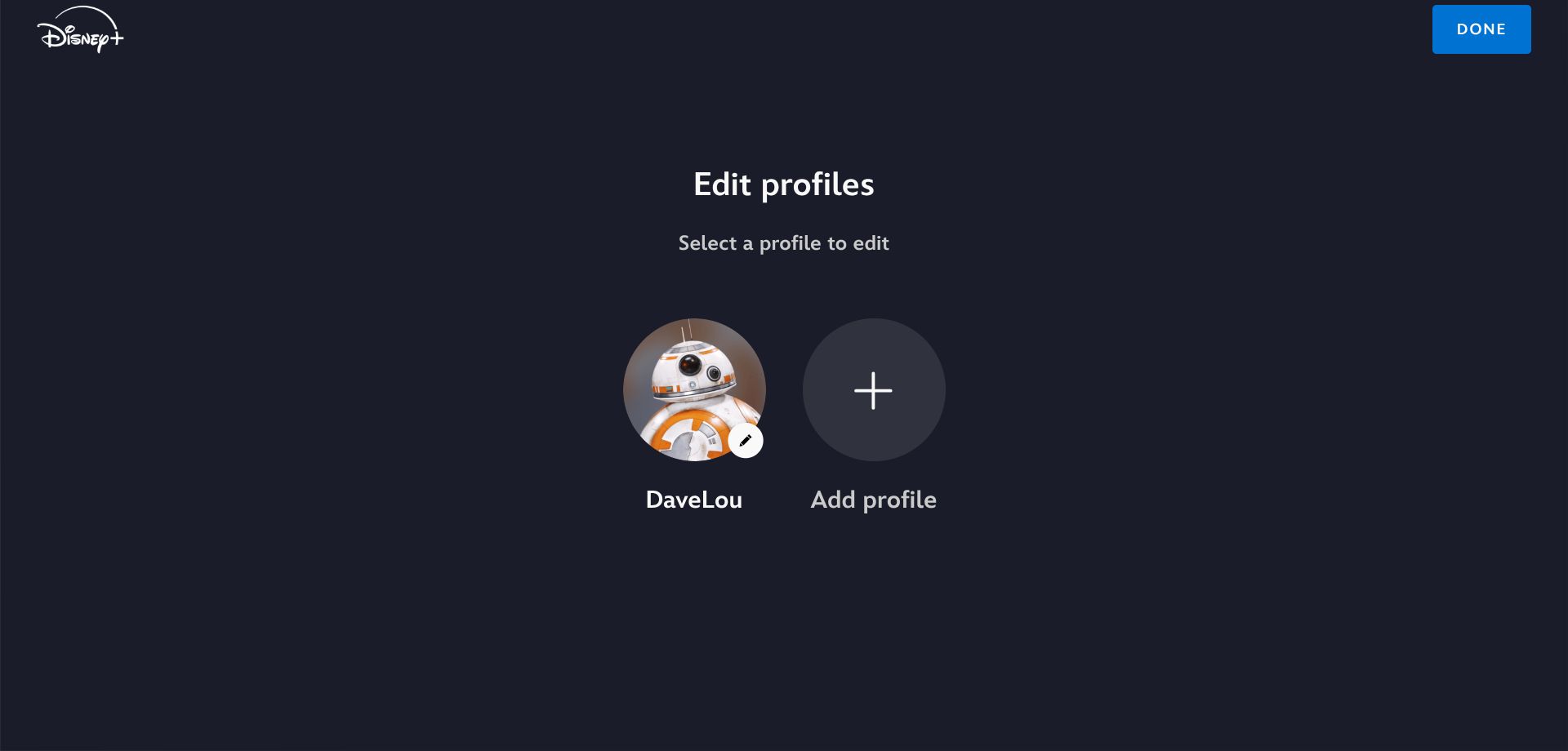 The option to add or edit profiles on Disney Plus