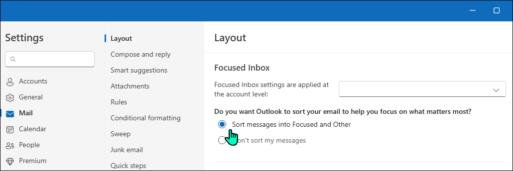 Focused Inbox enabled in the Outlook Windows app