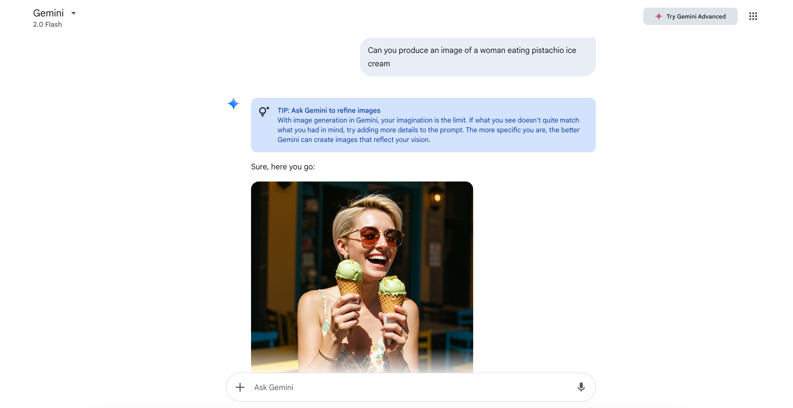 A user asks Gemini to generate an image of a woman eating ice cream