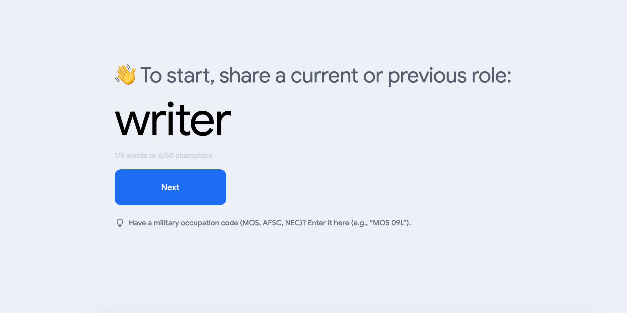 Google Career Dreamer's starting prompt asking a user to enter a current/previous role