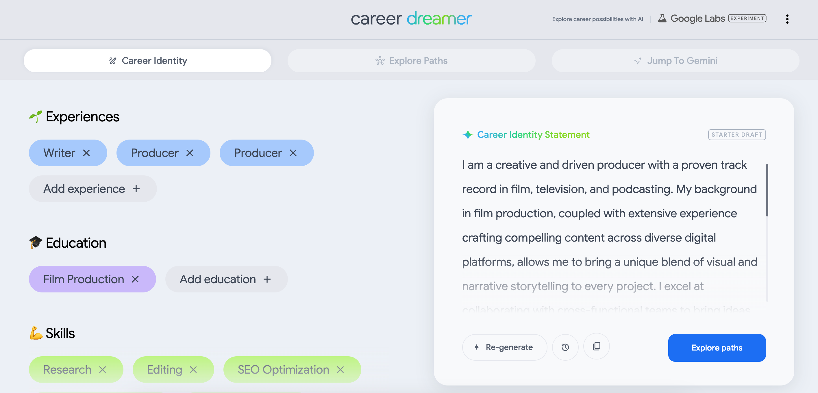 Google Career Dreamer writes a Career Identity Statement for a writer who also has producing experience