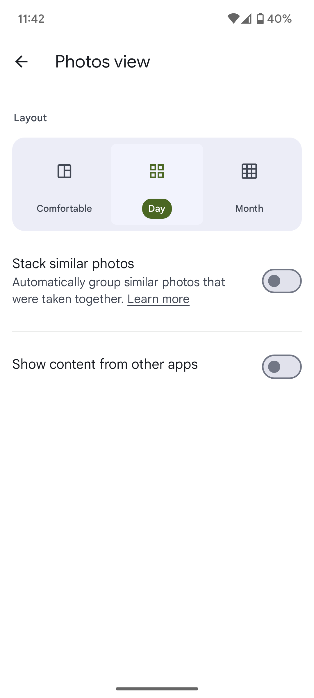 Setting to hide content from other apps in Google Photos