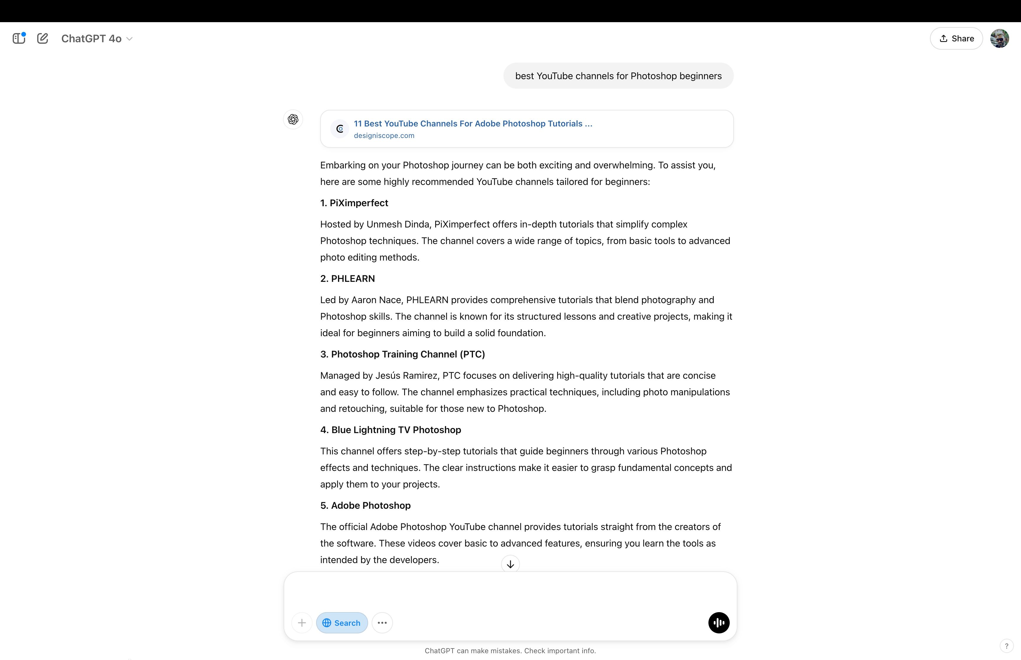 A screen shot with a list of Photoshop video tutorials that ChatGPT Search suggested after being prompted for related content.