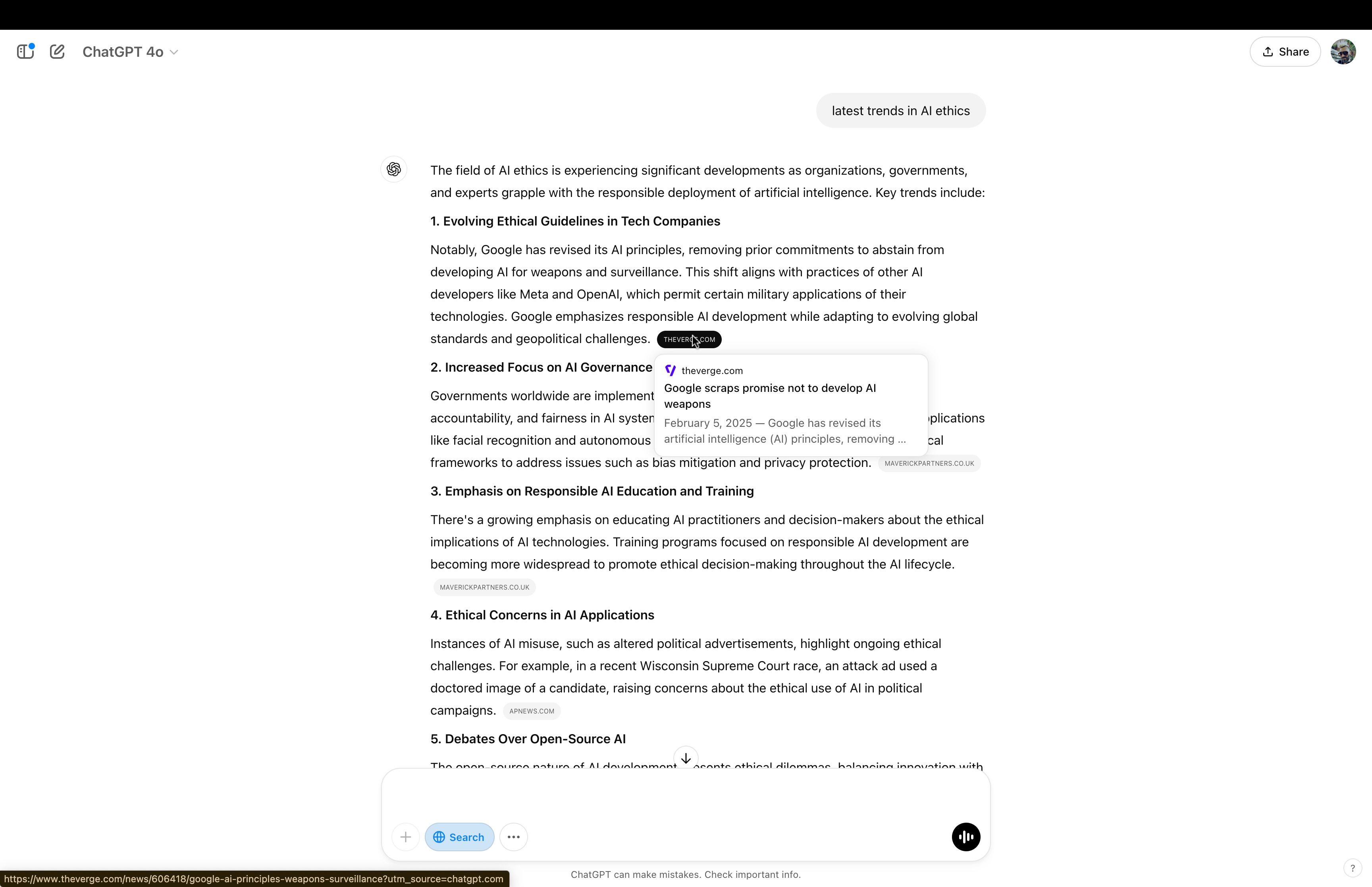 A screenshot of ChatGPT's web search results demonstrating how the platform provides citations. In this case the curser hovers over a link to a citation from The Verge in reference to a prompt about the latest in AI ethics.  