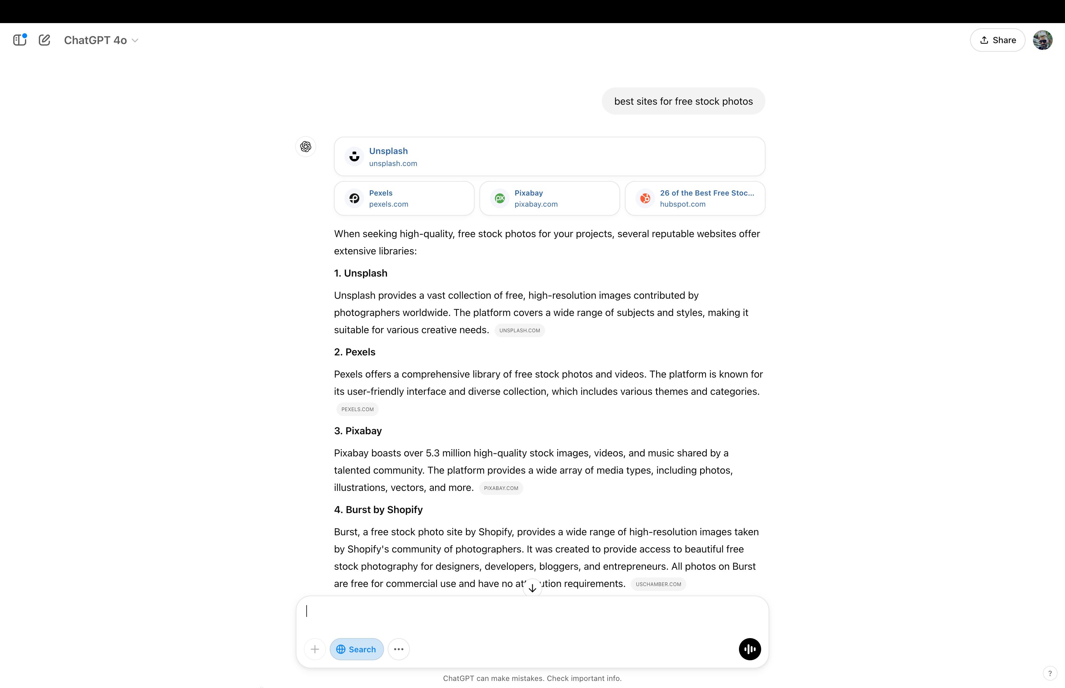 A screenshot of the web search results ChatGPT presented after being prompted with, "best site for free stock photos".