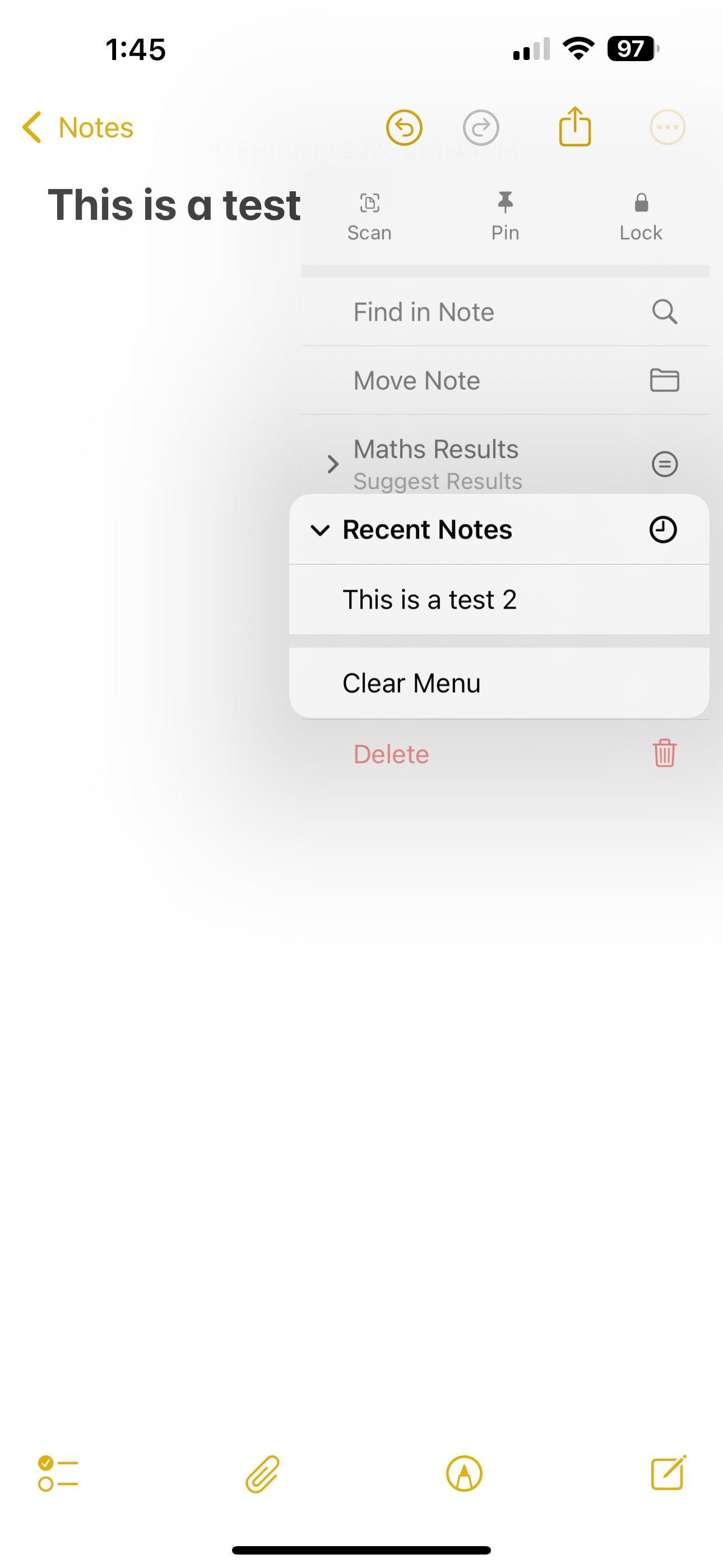 Selecting Clear Menu under the list of Recent Notes