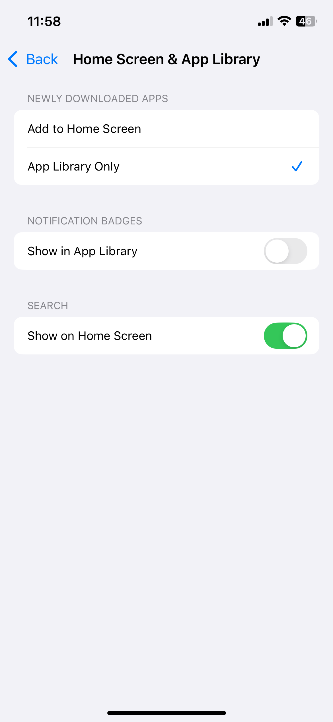 iPhone home screen settings menu with App Library Only selected for downloaded apps.