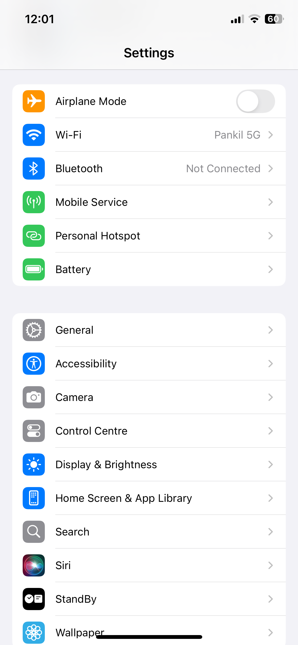 iPhone settings menu home page