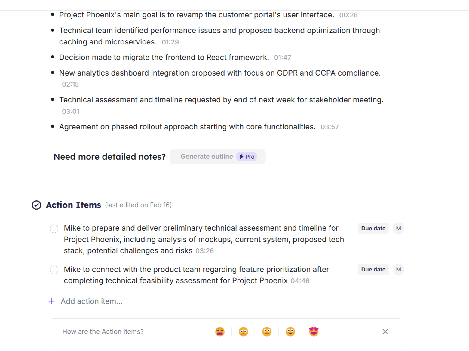 Krisp web app showing meeting action points