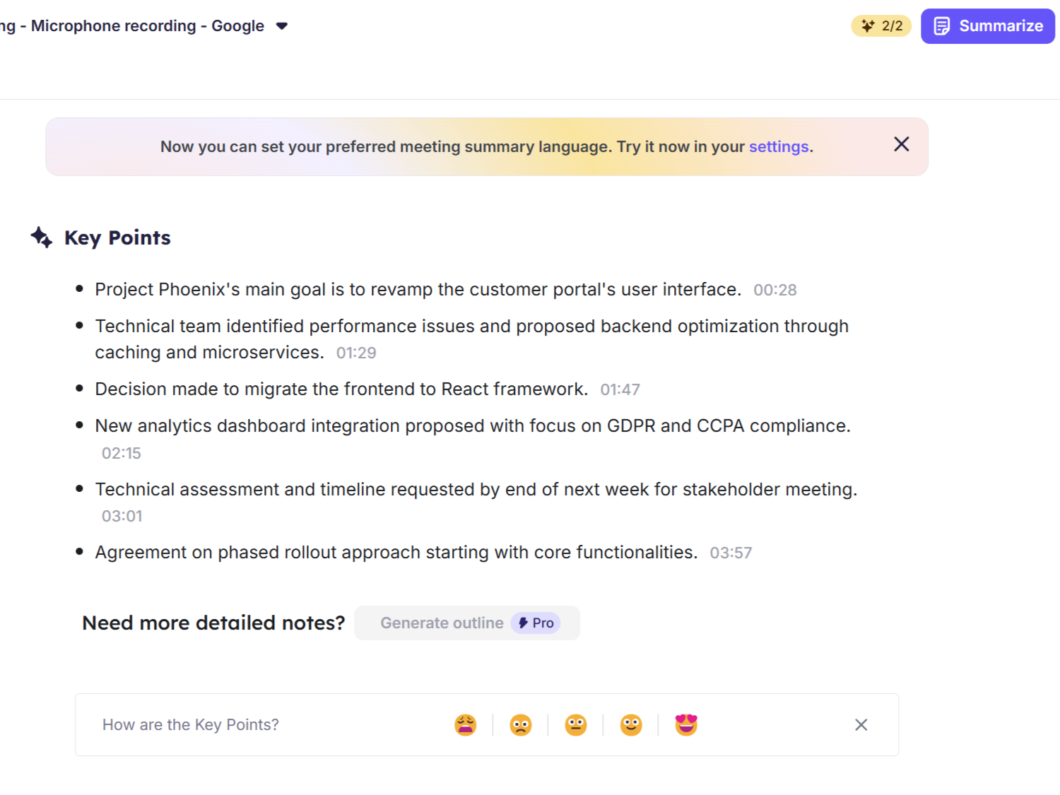 Krisp web app showing meeting summary in key points