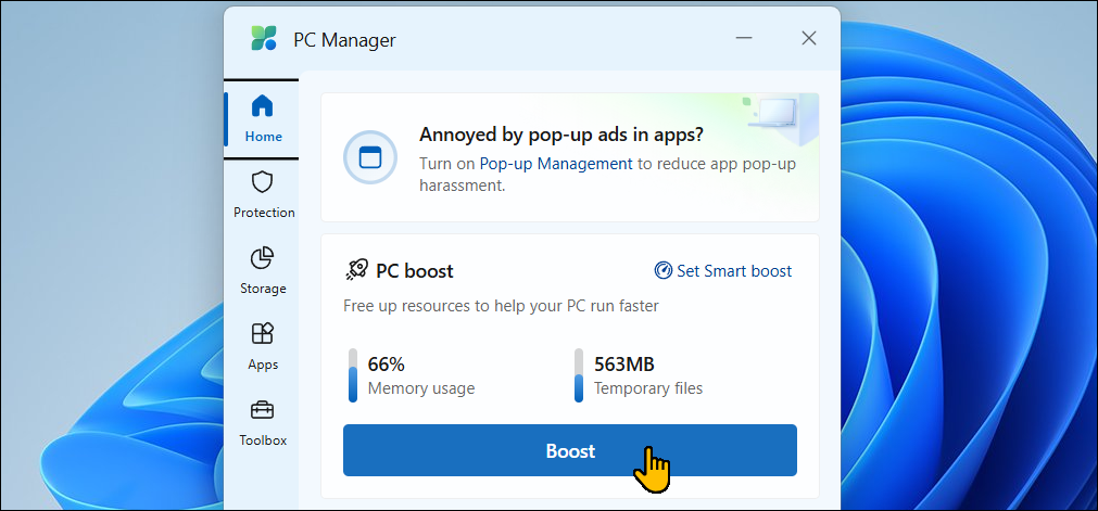 Microsoft PC Manager Home screen on Windows 11