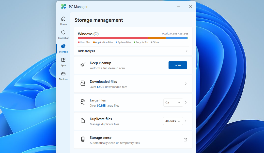 Microsoft PC Manager Storage management interface