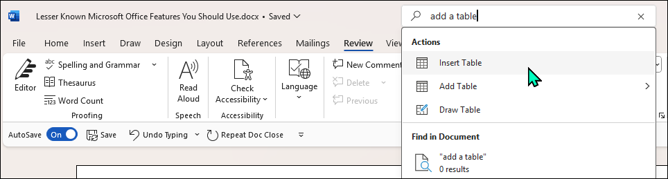 Microsoft search function in the Word app on Windows 11