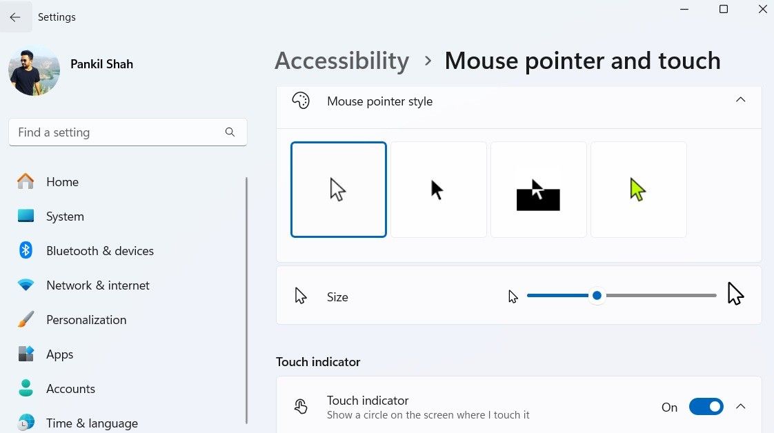 Mouse pointer settings menu in Windows 11