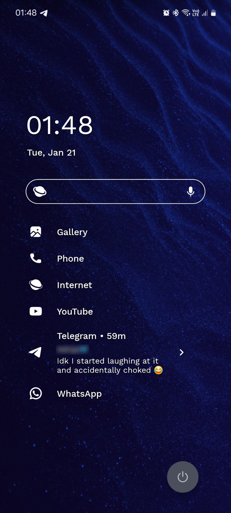 Niagara Launcher home page showing notification content from Telegram