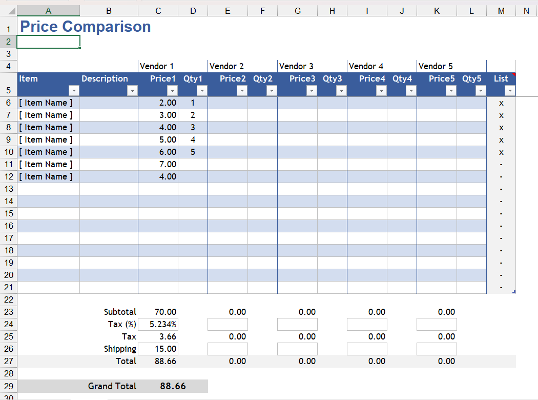 The Price Comparison Excel template.