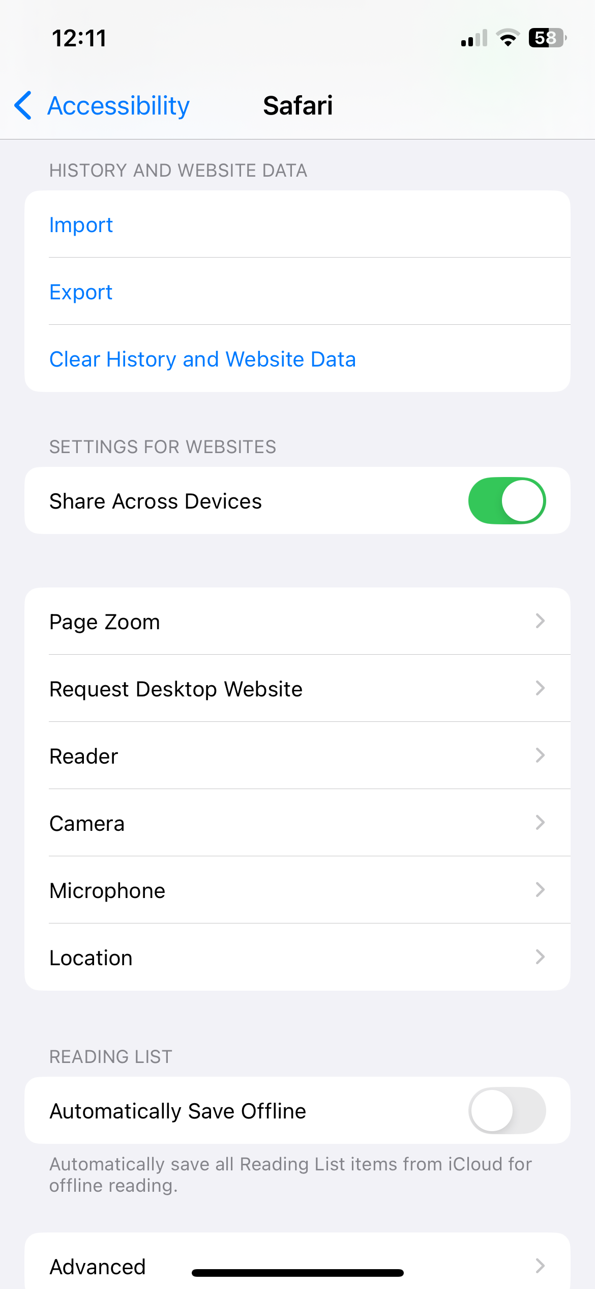 Safari settings menu on iPhone