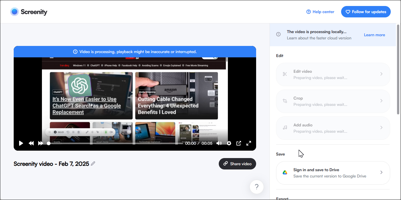 Screenity interface showing a recorded screen with annotation tools