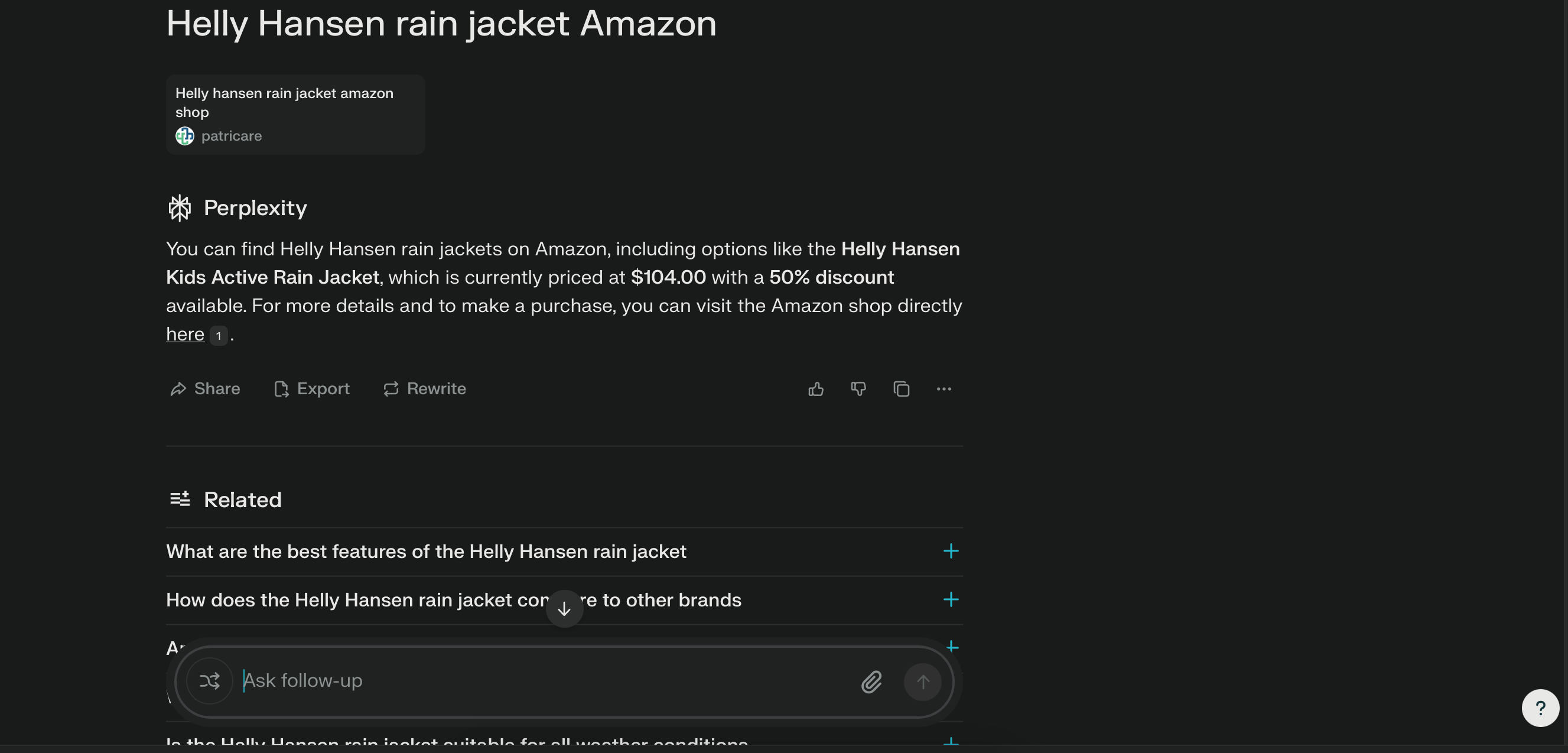 Trying to find a jacket on the Perplexity app